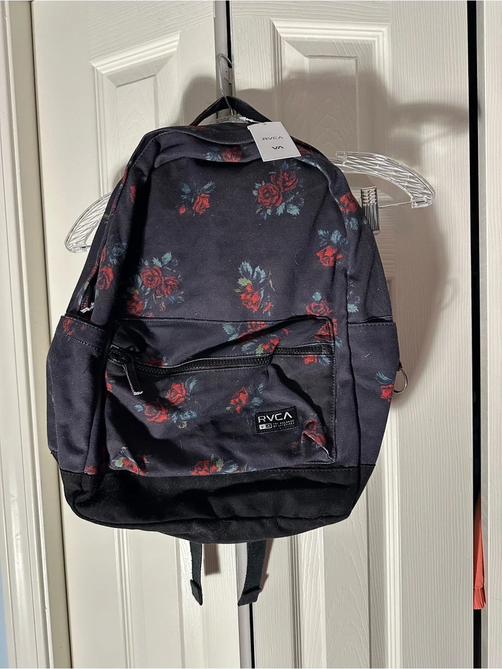 RVCA Black Backpack with Red Rose Pattern